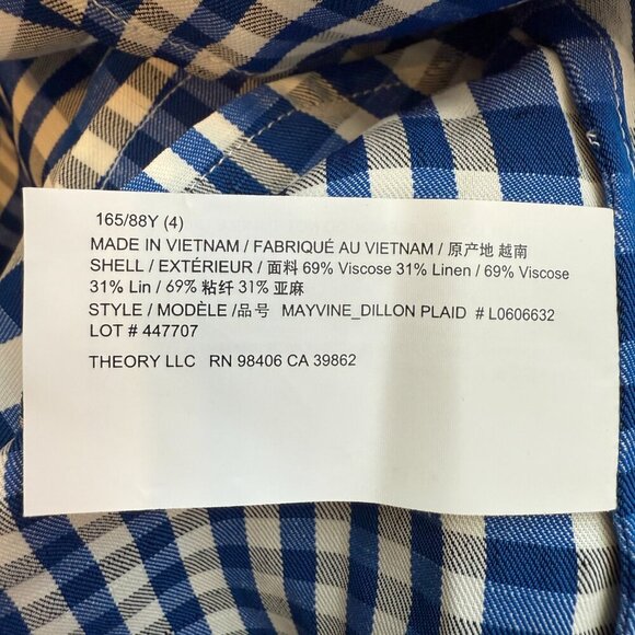 Theory Mayvine Dillon Plaid Linen Mini Shirt Dress Women 4 Blue White Preppy NWT - Picture 16 of 16